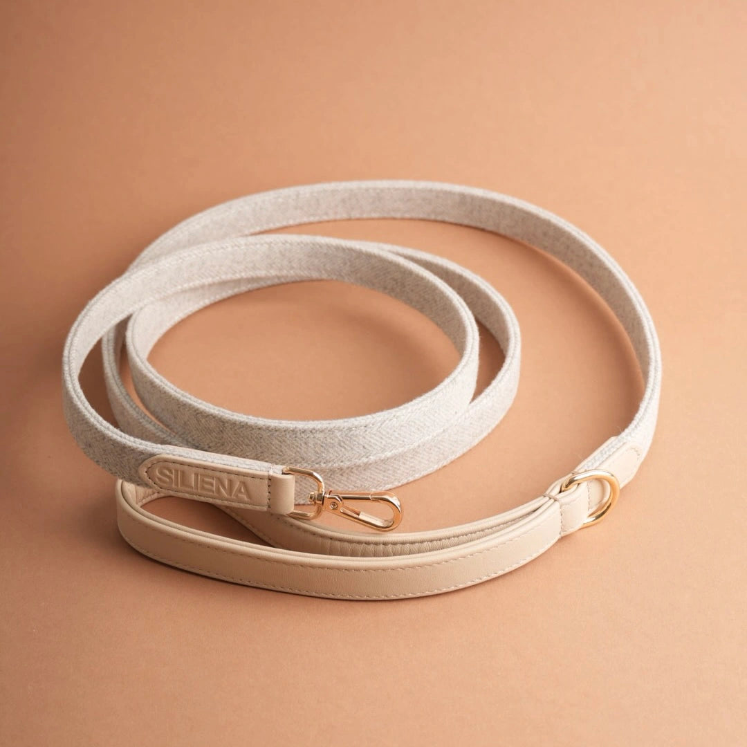 Hochwertige Hundeleine in Beige und goldener Befestigungsschlaufe, auf braunem Untergrund.